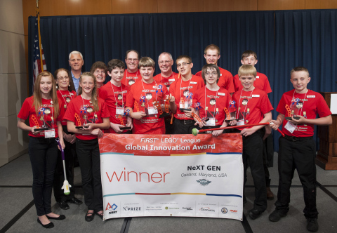 NeXT GEN, a team of students from Oakland, MD pose with FIRST President Don Bossi after winning the ... 