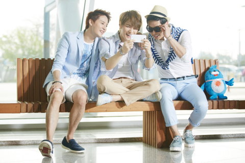 K-pop trio JYJ enjoying the video of the Incheon Asiad song 'Only One' uploaded on social media (Pho ... 