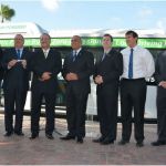 BYD Electric Bus Launch Ceremony was attended by Justice Minister Arthur Dowers, Cultural Minister Michelle Hooyboer, Arubus Director Teo Croes, Finance Minister Mike de Meza, Transportation Minister Otmar Oduber, BYD VP Micheal Austin, Cordia Group Asst Director Danilo Werleman, WEB Aruba Managing Director Oslin J. Boekhoudt and Elmar Aruba Director Robert Henriquez (Photo: Business Wire)