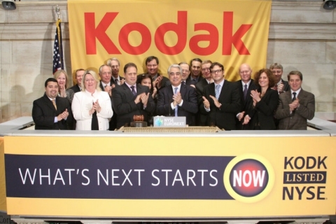 Kodak President and CEO Antonio M. Perez (4th from right) rings the opening bell to celebrate Kodak' ... 