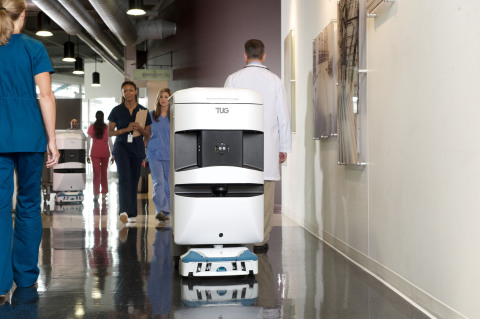 Aethon TUG autonomous mobile robot automates delivery and material movement in hospitals. (Photo: Bu ... 