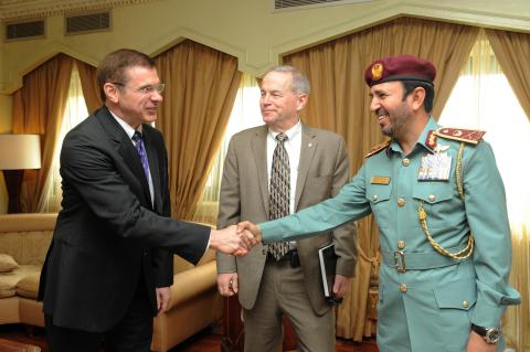 Major General Nasser Lakhrebani Al Nuaimi receiving Mr. Donald Bliss and Mr. Drew Azzara (Photo: Bus ... 
