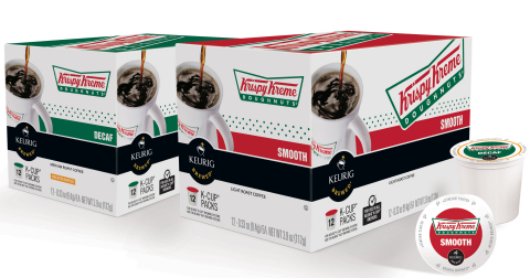 Krispy Kreme Coffee in Smooth and Decaf blends are now available in K-Cup (R) packs at participating grocers, Krispy Kreme locations, and online at www.Keurig.com. (Photo: Business Wire)