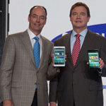 Mike Huseby, CEO of Barnes & Noble, Inc. (right) and Tim Baxter, President of Samsung Electronics America (left) hold the new Samsung Galaxy Tab 4 NOOK, the first full-featured Android tablet optimized for reading, at the flagship Barnes & Noble bookstore in New York on Wednesday, August 20, 2014. This is the first co-branded device from the two companies. (Michelle McLoughlin/Newscast Creative). Mike Huseby, CEO of Barnes & Noble, Inc. (right) and Tim Baxter, President of Samsung Electronics America (left) hold the new Samsung Galaxy Tab 4 NOOK, the first full-featured Android tablet optimized for reading, at the flagship Barnes & Noble bookstore in New York on Wednesday, August 20, 2014. This is the first co-branded device from the two companies. (Michelle McLoughlin/Newscast Creative).