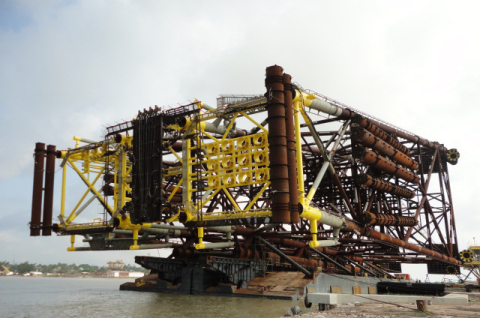 Ayatsil-A jacket loaded onboard the Intermac 600 transportation and launch barge, ready for installa ... 