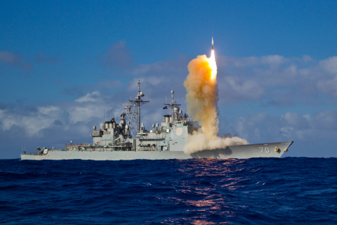 A Standard Missile - 3 Block 1B interceptor is launched from the USS LAKE ERIE during a Missile Defe ... 