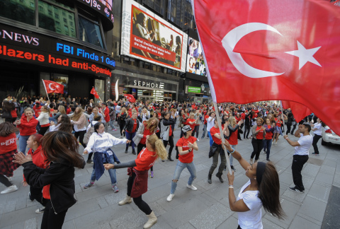 250 People Turkic Platform Dancers in Times Square Usher in Peace Era between Turkey and Armenia Thi ... 