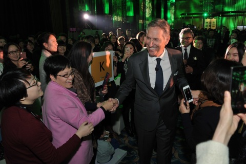 Starbucks chairman and ceo, Howard Schultz, greets partners (employees) and their family members at  ... 