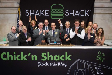 Shake Shack ring NYSE Opening Bell to celebrate the debut of new Chick’n Shack sandwich (Photo: Busi ... 