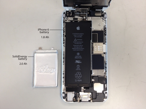 same capacity half the size (SolidEnergy cell on the left, iPhone 6 cell on the right) (Photo: Busin ... 