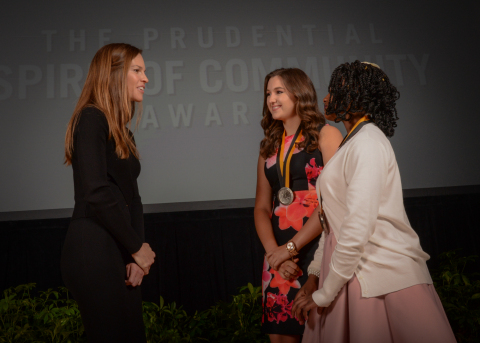 Academy Award-winning actress Hilary Swank congratulates Lindsey Meyer, 17, of Pass Christian (cente ... 