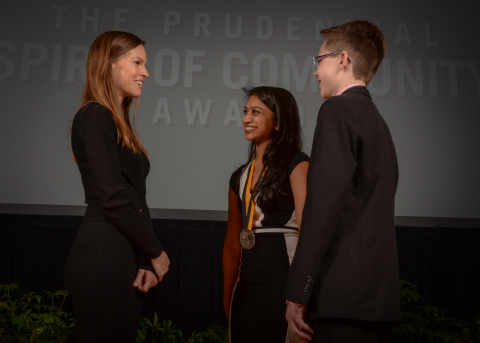 Academy Award-winning actress Hilary Swank congratulates Reshini Premaratne, 17, of Glen Allen (cent ... 