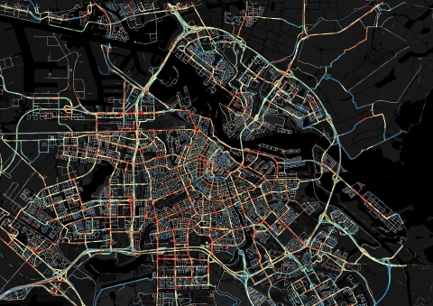Image shows congestion on the morning of an average working day in and around Amsterdam. Red indicat ... 