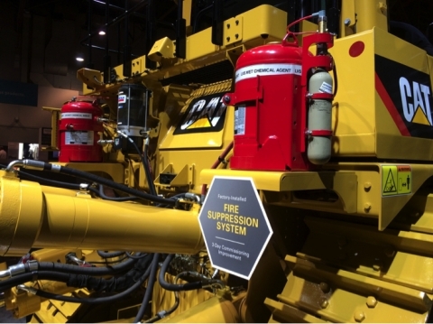CAT D10 dozer at MINExpo featuring a factory-installed LVS Liquid Agent Fire Suppression and CHECKFI ... 