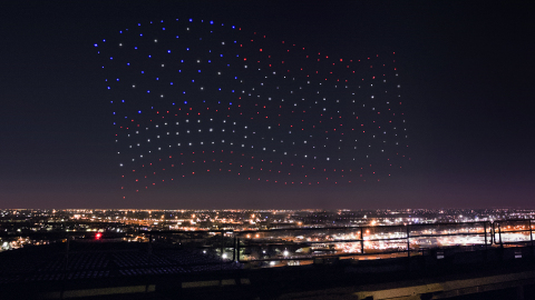 An Intel Shooting Star drones fleet lights up the sky in an American Flag formation during the Pepsi ... 