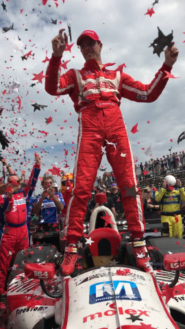 Sebastien Bourdais, driver of the Mouser-sponsored No. 18 car, celebrates his last-to-first win at t ... 