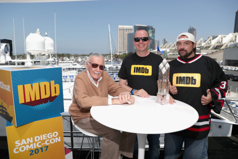 Col Needham (IMDb Founder & CEO) and Kevin Smith present Stan Lee with the first-ever IMDb STARmeter ... 