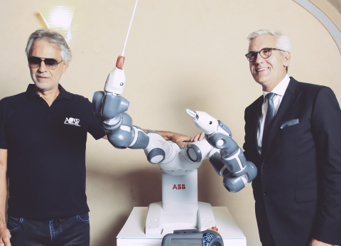 Andrea Bocelli, YuMi and ABB CEO Ulrich Spiesshofer before the concert (Photo: Business Wire)