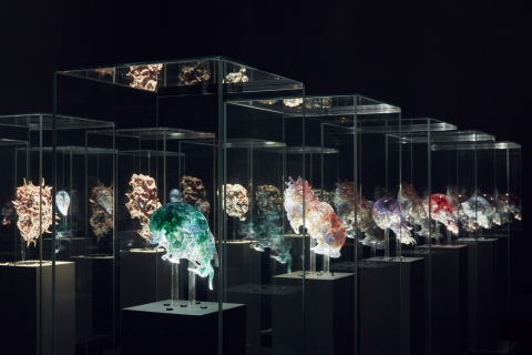 Installation view of Neri Oxman Vespers, Series 1 - 3, masks 1 - 5 2016 on display in NGV Triennial  ... 