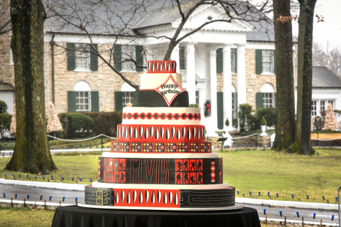 The specially-prepared birthday cake was a tribute to Elvis’ 1968 Comeback Special, as Graceland kic ... 