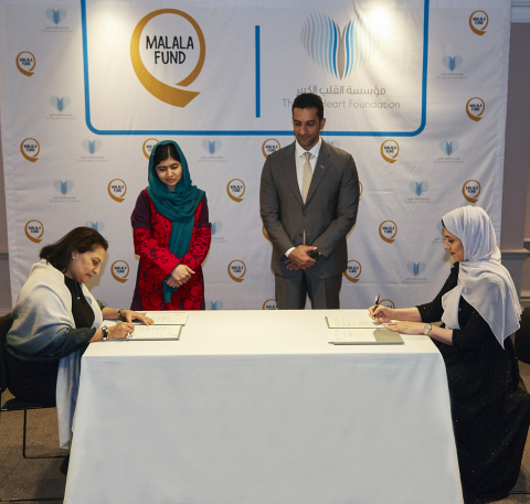 Sheikh Sultan bin Ahmed Al Qasimi and Malala Yousafzai witnessing the signing between TBHF and Malal ... 