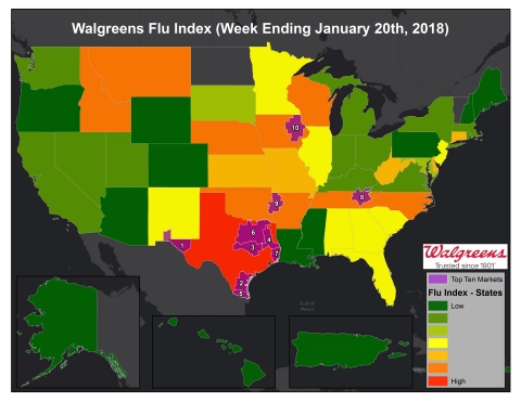 Walgreens Flu Index for Week Ending January 20, 2018. (Photo: Business Wire)