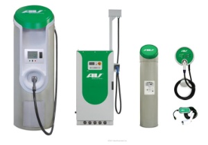 AeroVironment displays its Underwriters Laboratories (UL)-listed suite of electric vehicle charging stations, including the public DC fast charging station (left), fleet DC fast charging station (second from left), commercial AC charging station (second from right), 120VAC cord standard charging cord (bottom right), home AC charging station and home AC charging station with smart grid capability (top right). AeroVironment is the first company to provide a full lineup of chargers that meets the stringent quality, safety and interoperability standards established by UL. Photo, AeroVironment, handout.