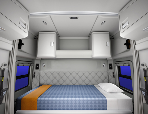 The mid-roof sleeper features a liftable lower bunk and upper storage units on the sleeper's back wall, including hanging storage for drivers to hang their clothes and jackets, or an optional upper bunk for driving teams. A bunk heater, flat screen TV and premium sound system can be added for even more driver comfort. (Photo: Business Wire)