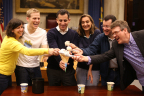 GROUP IMAGE CAPTION: Today, Boston City Councilor Mike Ross was joined by global Fair Trade supporters to scoop the first ceremonial Fair Trade Ice Cream Scoop on Ben & Jerry's Global Free Cone Day. The group (from left to right), included Equal Exchange's President Nicole Vitello, Director of Fairtrade Boston Ryan Scott Macdonald, Boston City Councilor Mike Ross, Marike de Pena and Calos Vargas Masis both of Setecoop, Ben & Jerry's CEO Jostein Solheim and Fairtrade International CEO Harriet Lamb (not pictured) who gathered together to share the commitment publicly that the Fairtrade movement is alive, well and growing in Boston, the United States and around the globe. (Photo: Business Wire)