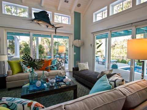 A combined-use great room boasts 12-foot ceilings and opens out to 1,000 square feet of patios, decks and water features. HGTV, HGTV Smart Home, and HGTV Smart Home Giveaway are trademarks of Scripps Networks, LLC. Used with permission; all rights reserved. Photo(c) 2013 Scripps Networks, LLC.
