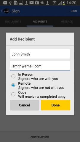 Send a document for signature to a person elsewhere, or get a signature directly on your Android device in person. (Photo: Business Wire)
