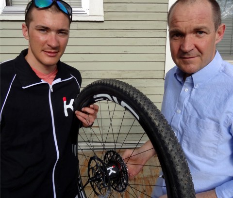 Russ Kappius, developer of the Kappius hub, and his son, Brady, professional mountain-bike racer, outside their garage-shop.(Courtesy Kappius Components)