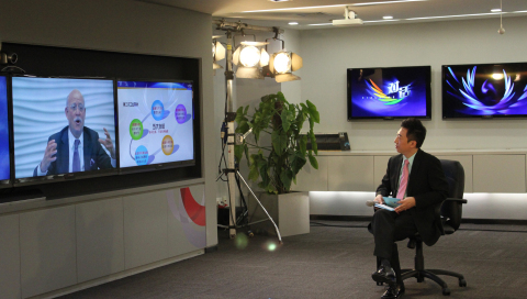 China Central Television's "Dialogue" show uses Polycom RealPresence video solutions for real-time broadcast interviews, replacing expensive satellite feeds. (Photo: Business Wire)
