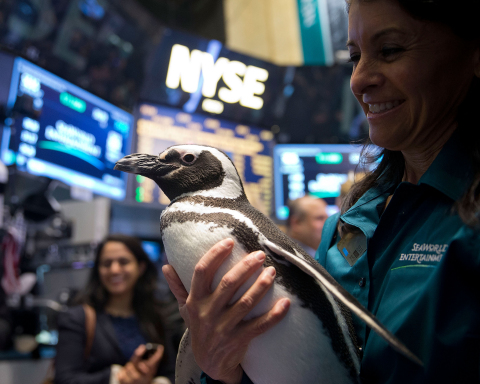 SeaWorld's "Penny the Penguin" visits the NYSE trading floor on SeaWorld Entertainment Inc.'s IPO day. (Photo: Business Wire)