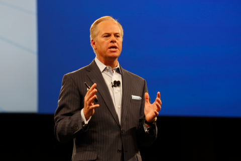 CA Technologies CEO Mike Gregoire speaks to 5000 customers and Partners at CA World in Las Vegas. (Photo: Business Wire)