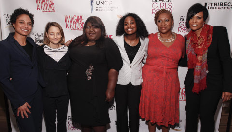 From left, Director Shola Lynch, actress and director Jodie Foster, actress Gabourey Sidibe, documentary lead Janet Goldsboro, director and producer Lisa Cortes, and executive producer Beverly Bond at the premiere of the "Imagine a Future" documentary presented by P&G's My Black is Beautiful on Sunday, April 21, 2013, in New York City, NY. (Brian Ach /AP Images for Procter & Gamble)