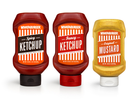 Los populares condimentos de Whataburger – Fancy Kétchup, Spicy Kétchup, y Mostaza Original – serán envasados y estarán disponibles a partir de este verano en las tiendas H-E-B en Texas y México. (Photo: Business Wire)