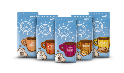 Life is good and The J.M. Smucker Company will launch a new line of Life is good coffee. Flavors such as Light Hearted, Happy Medium, Dark & Daring, S'more to Love, and Banana Bread Bliss will be available in late summer 2013 at retailers throughout North America. (Photo: Business Wire)