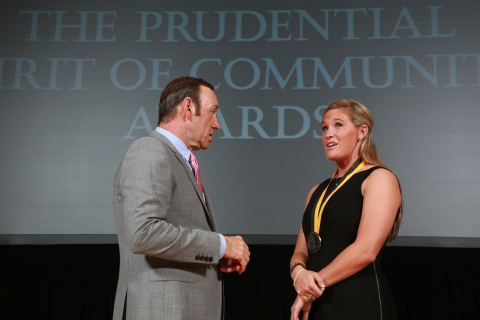Academy Award-winning actor Kevin Spacey congratulates Sarah Sutherlin, 18, of Lake St. Louis on being named Missouri's top high school youth volunteer for 2013 by The Prudential Spirit of Community Awards. Sarah was honored at a ceremony on Sunday, May 5 at the Smithsonian's National Museum of Natural History, where she received a $1,000 award. (Photo: Business Wire)