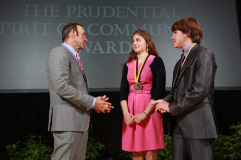 Academy Award-winning actor Kevin Spacey congratulates Marina Palumbo, 17, of East Greenwich (center) and Cody Clarkin, 14, of Charlestown (right) on being named Rhode Island's top two youth volunteers for 2013 by The Prudential Spirit of Community Awards. Marina and Cody were honored at a ceremony on Sunday, May 5 at the Smithsonian's National Museum of Natural History, where they each received a $1,000 award. (Photo: Business Wire)
