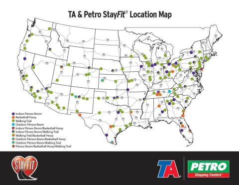 TA/Petro StayFit location map showing FREE indoor and outdoor fitness rooms, walking trails and basketball hoops at more than 140 sites. (Graphic: Business Wire)