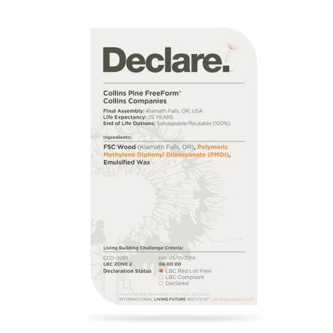 The Declare label for the Collins Pine FreeForm product. (Photo: Business Wire)