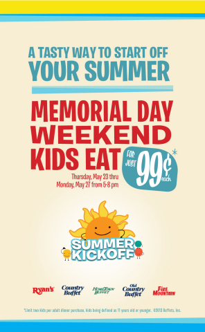 Buffets, Inc. and its portfolio of restaurants including Ryan's, HomeTown Buffet, and Old Country Buffet are welcoming the summer with a long Memorial Day weekend filled with family-friendly activities. Kids 11 years and younger may enjoy 99-cent meal deals every night from 5 to 8 p.m., and families may register for a chance to win a dream vacation as part of the Summer Kick Off sweepstakes. All the fun starts May 23 and continues through May 27 at all 337 buffet restaurants. (Graphic: Business Wire)