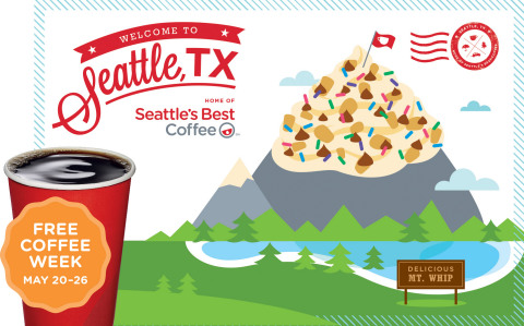 Free Coffee Week, May 20-26: The 10 new Seattle's Best Coffee drive-thrus will pour FREE iced or hot brewed coffee of any size all week to welcome Dallas-area coffee drinkers to experience "Seattle, TX." Fans can upgrade to a FREE 12 oz specialty drink by visiting the Seattle's Best Facebook Page and asking three friends to "visit Seattle, TX" during Free Coffee Week. (Graphic: Business Wire)