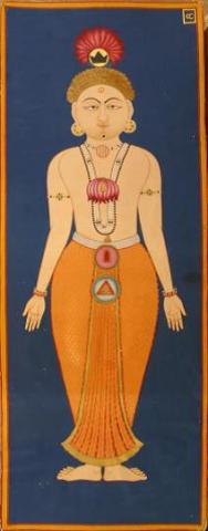 The Chakras of the Subtle Body Folio 4 from the Siddha Siddhanta Paddhati By Bulaki India, Rajasthan, Jodhpur, dated 1824 Opaque watercolor and gold on paper, 122 x 46 cm Mehrangarh Museum Trust, RJS2376 