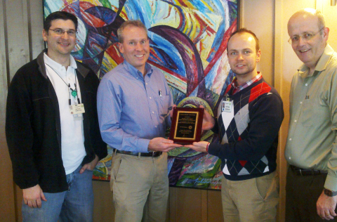 ON Semiconductor presents its 2012 Perfect Quality Gold Award to Dow Electronic Materials. From left to right: Michael Demetras, Inventory Management Controller, ON Semiconductor; Edward Orr, Northwest Strategic Account Manager Semiconductor Technologies, Dow Electronic Materials; Stefan Horvath, Quality Manager, ON Semiconductor; and Kirk Brown, Engineering Coordinator Semiconductor Technologies, Dow Electronic Materials.
