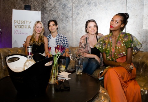 Actress KATRINA BOWDEN ("30 Rock") with her new husband BEN JORGENSEN, Publicist BROOKE CADEWELL and Model JESSICA WHITE enjoying signature cocktails at the Purity® Vodka Taste Challenge in NYC on June 11. The event, part of Purity® Vodka's recently-launched campaign challenging Grey Goose® to a taste-off, offered the 200-plus invited attendees the opportunity to try both vodkas side-by-side in a blind tasting.  (Photo credit: Patrick MacLeod/Guest of a Guest)