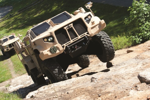 Oshkosh Defense showcases its state-of-the-art TAK-4i(TM) intelligent independent suspension system, which allows the Oshkosh JLTV solution, called L-ATV, to shift power to the wheels in contact with the ground to give operators full control and maneuverability over dangerous terrain, as demonstrated on the military's severe off-road track. (Photo: Oshkosh Defense)