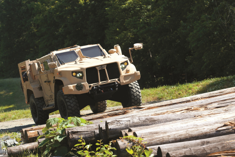 As troops encounter threats such as IEDs or other obstacles, the Oshkosh JLTV solution, named L-ATV, is able to maneuver alternate routes.  L-ATV offers MRAP levels of protection built on an advanced, multi-faceted crew protection system capable of dispersing IED blasts while protecting the troops inside. (Photo: Oshkosh Defense)