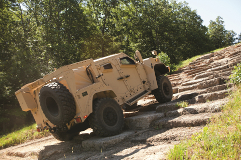 The Oshkosh Defense JLTV solution, L-ATV, has a digitally-controlled Duramax engine with exceptional power-to-weight ratio and torque to deliver outstanding speed and mobility as demonstrated on the military severe off-road track rock step incline. (Photo: Oshkosh Defense)